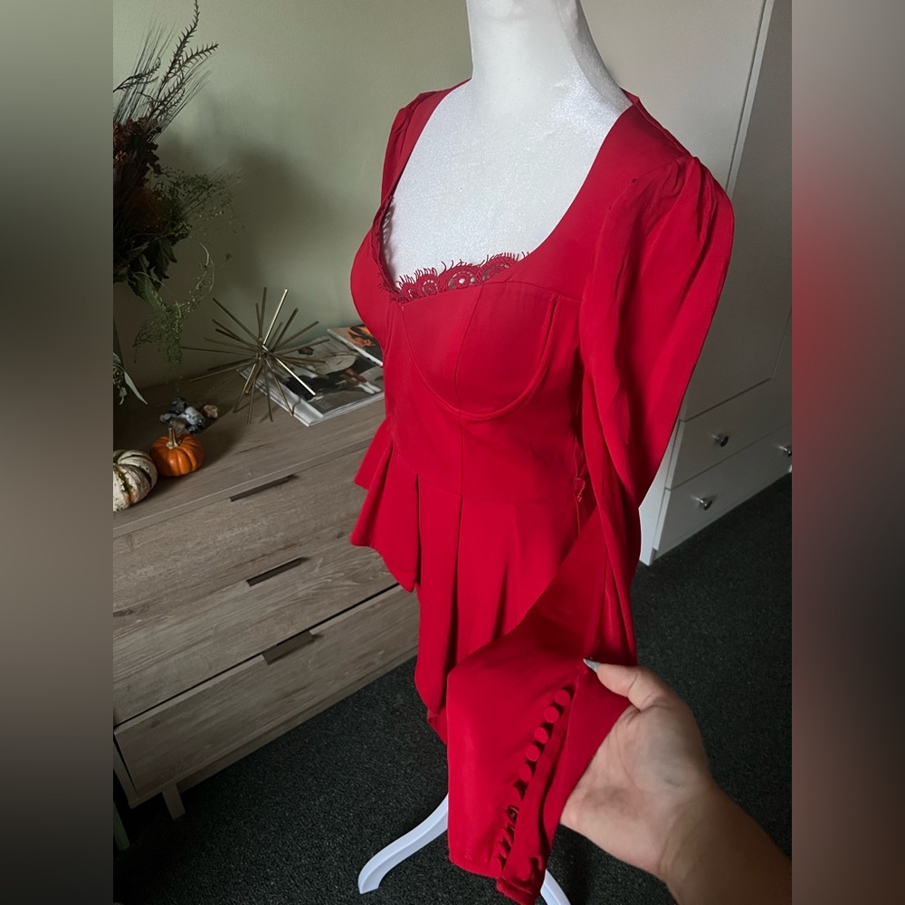 SELF PORTRAIT Red Crepe Peplum Corset Bustier Top Shirt Long-Sleeve Formal Sz 8 - Picture 7 of 16